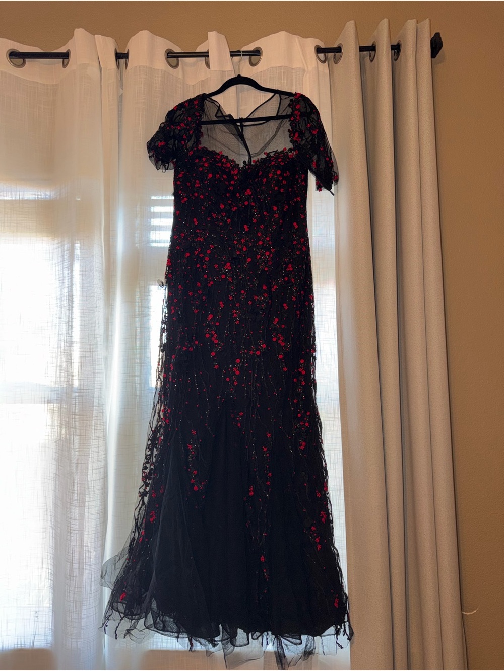 Black Maxi Dress with Red Floral Embroidery